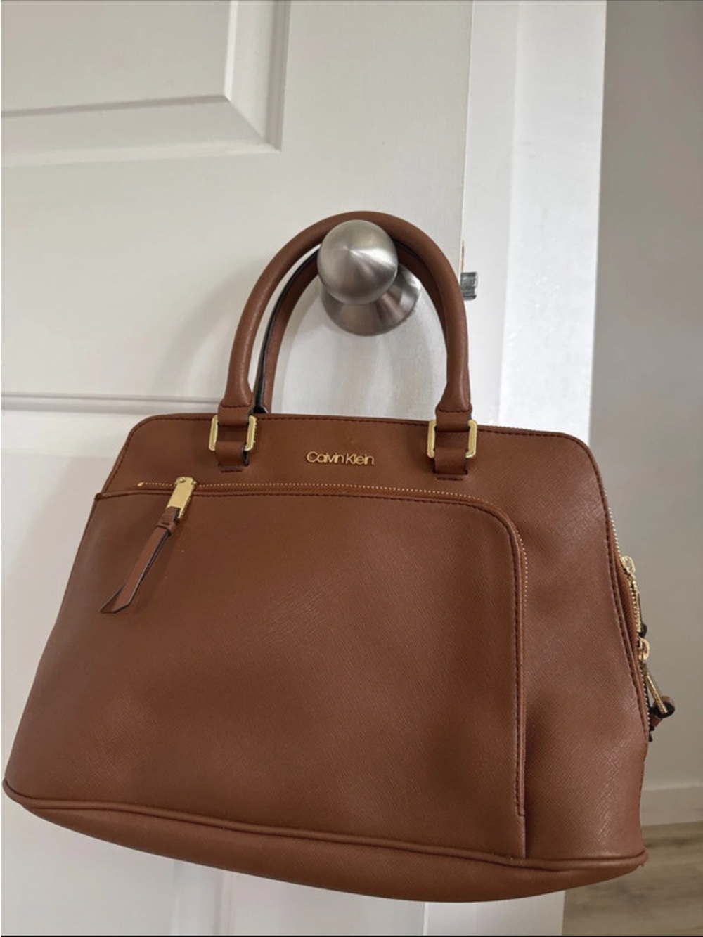Calvin Klein Caramel Brown Saffiano Leather Satchel